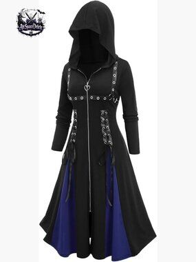 Plus Size Gothic PU Leather Trench Coat with Hood and Grommets